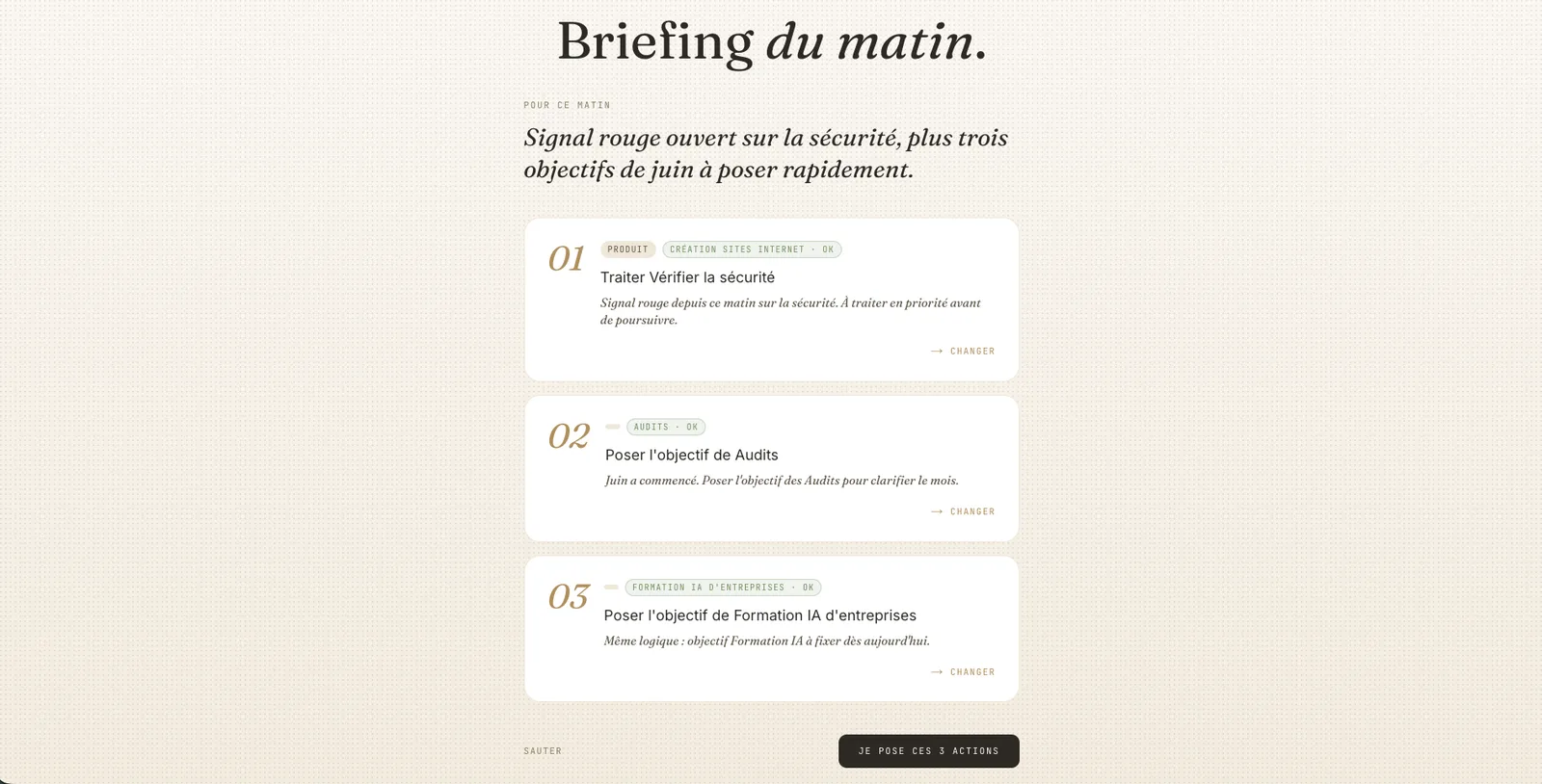 Trois choses qui comptent. Deux minutes, et tu démarres.