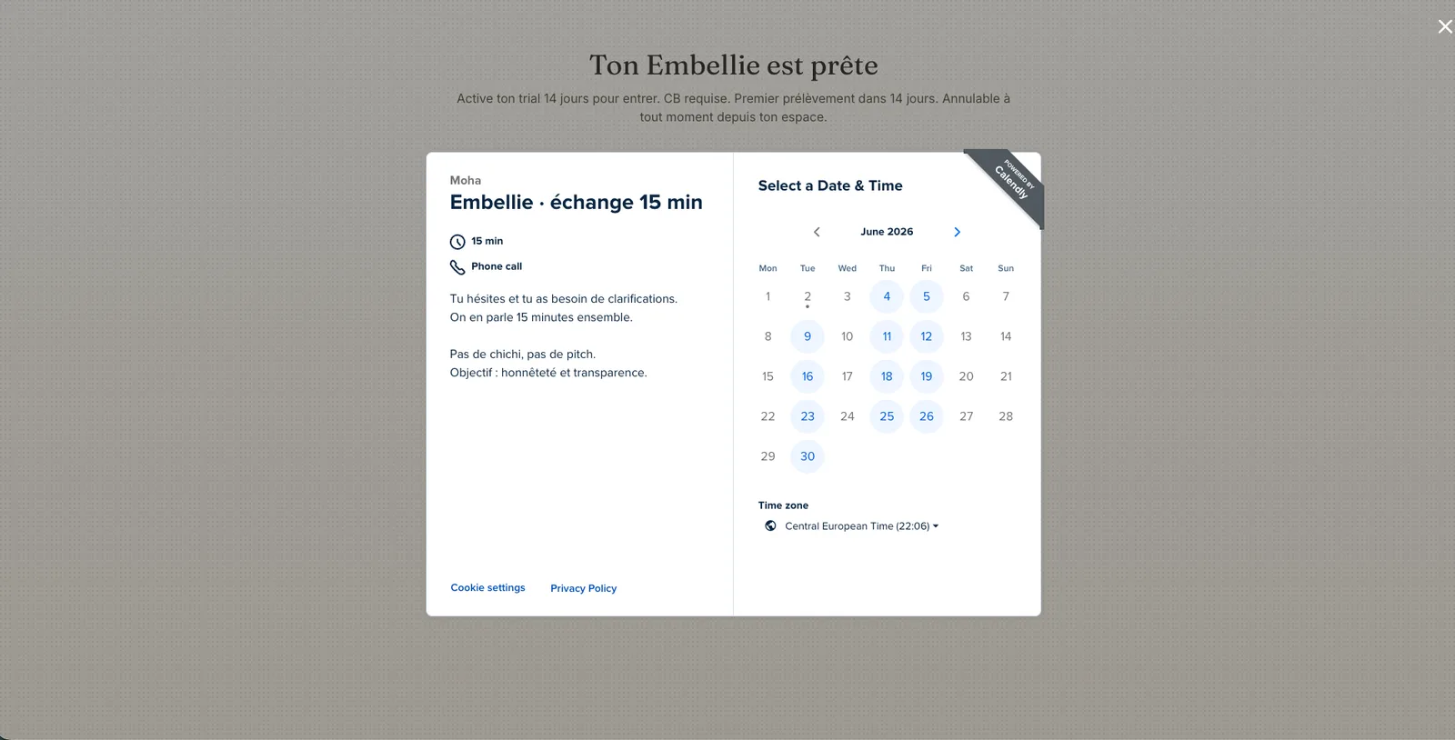 Réservation d'un échange de 15 minutes — choix d'une date et d'un horaire