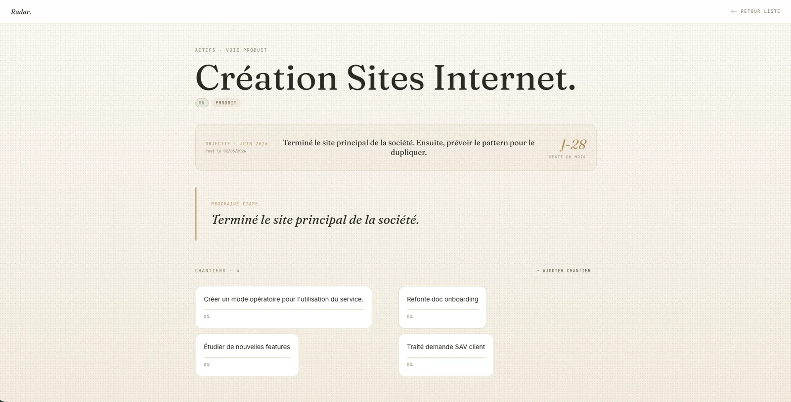 La fiche d'un actif — état, chantiers ouverts, prochaine étape.