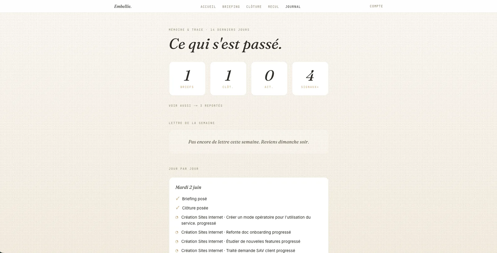 Les motifs qui reviennent, et une lettre qui te relit.