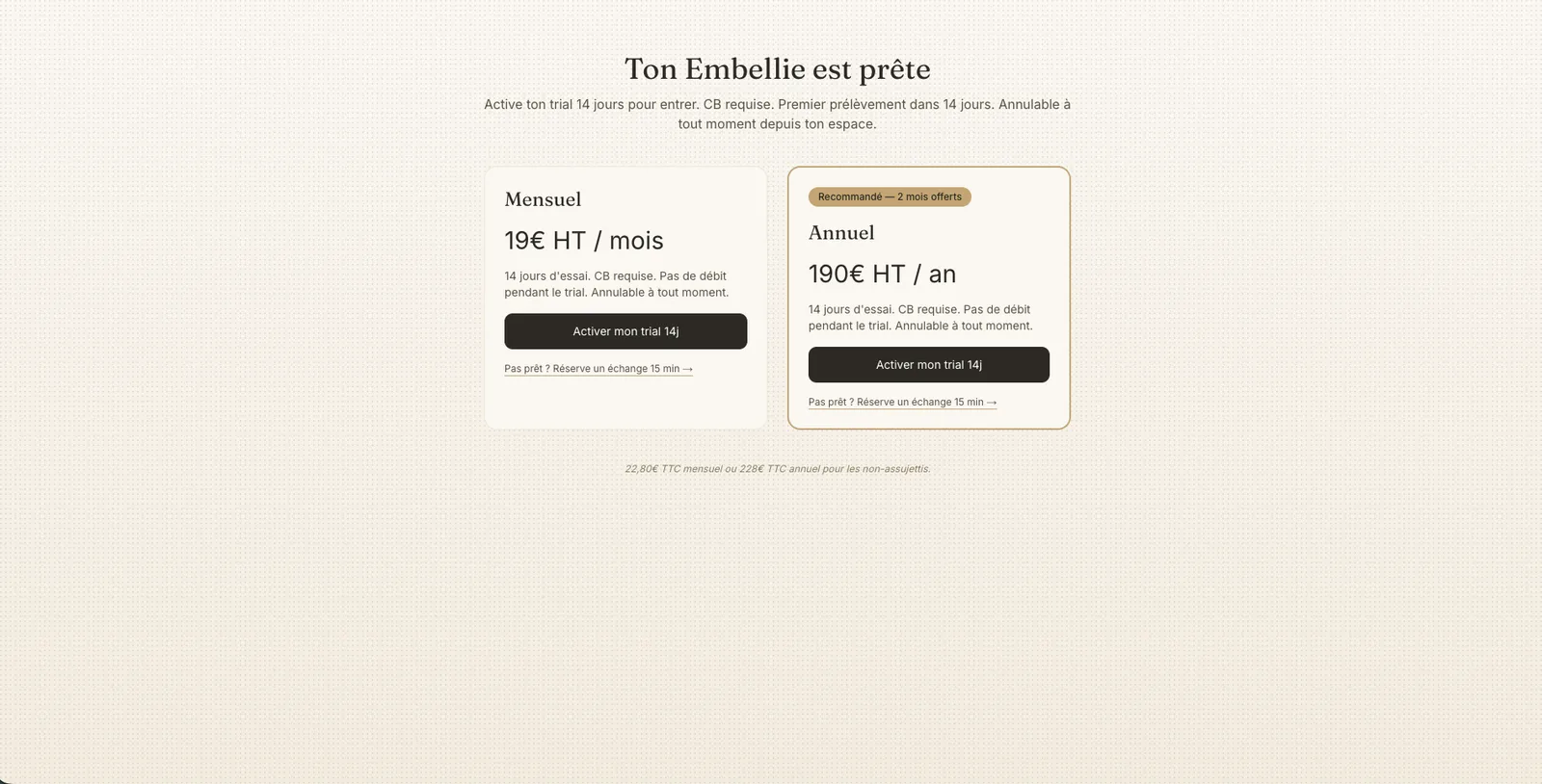 Écran d'activation Embellie — choix mensuel ou annuel, 14 jours d'essai